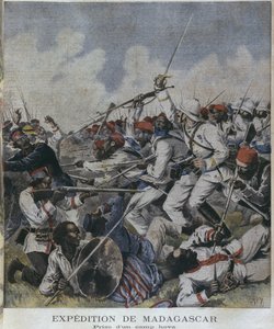 Expedição de Madagascar, tomada de um acampamento de hova, ilustração de &39;Le Petit Journal&39;, suplemento illustre, 2 de junho de 1895, gravado por Henri Meyer (1844-91)