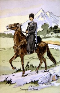 Cartão postal retratando um Terek Cossack, c.1914 (cor litho) de P. (after) Dmitroff