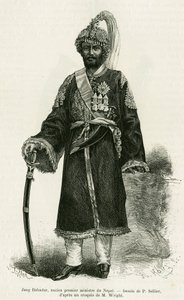 Jang Bahadur (1816-1877), Primeiro-Ministro do Nepal. Gravura de P.Sellier para ilustrar a história Voyage au Nepal, do Dr. Gustave Le Bon (1841-1931), em le tour du monde 1886, dirigido por Edouard Charton (1807-1890), Hachette, Paris. de P. (after) Sellier