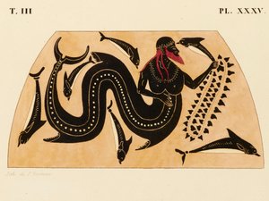 Impressão da Decoração numa Ânfora Grega, mostrando Poseidon acompanhado por Golfinhos, c. 1858 (aguarela e cor de corpo sobre litho em papel tecido) de P. Bineteau