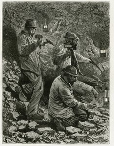 Mineiros a extrair carvão para a veia. Gravura de Ferat, para ilustrar a história "Bélgica", de Camille Lemonnier (1844-1913) escritor belga. Publicado em Le Tour du monde, nouveau journal des voyages, 2º semestre de 1884, editado por Edouard Charton (1807 de P. Ferat