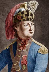 Cavaleiro de Eon (1728-1810), agente secreto francês do rei, costumava travestir, gravando documento colorido de P. Jean Baptiste Bradel