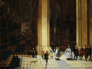 Interior da Catedral de Antuérpia à noite, meados do século XVII (óleo sobre painel) de P. the Elder & P. the Younger (1620 75) Neeffs