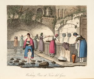 Local de Lavagem na Torre del Greco, de Cenário Italiano, representando os modos, costumes e diversões dos diferentes estados da Itália, pub. 1806 (gravura colorida à mão) de P. van (after) Lerberghi