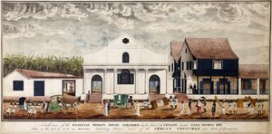 Uma vista sul da casa da missão Wesleyana, Colombo, na ilha do Ceilão, erguida Anno Domini 1816, c.1816 (aquarela) de P. van Houten