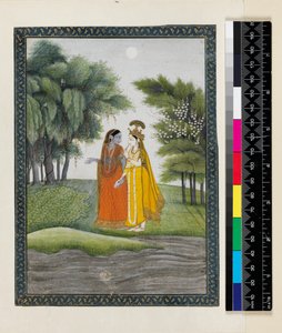 Krishna e Radha andando pelo Jumna ao luar trocaram de roupa, do &39;Bhagavata purana&39;, Kangra, Himachal Pradesh, c.1820