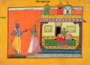 Krishna chegando na casa de Radhas, ilustração de um manuscrito do Rasamanjari de Bhanudatta, estilo Basholi, c.1660-70