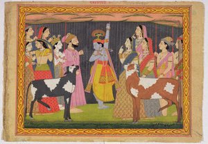 Krishna levantando o Monte Govardhana, do Bhagavata Purana, Kulu, Himachal Pradesh, 1749