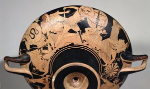 Detalhe de uma taça de sótão com figuras vermelhas representando cenas da Guerra de Tróia, c.490 BC (cerâmica) (ver 92562 & 211797 para interior) de Painter Brygos