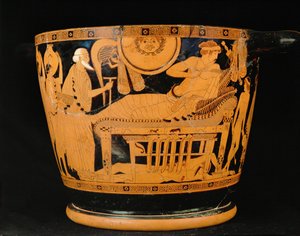 O rei troiano Priamo pede a Aquiles que lhe dê o corpo de Heitor, o seu filho morto ... de Painter Brygos