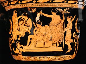 Cratera sinoidal de figuras vermelhas da Apúlia: Apolo purifica Orestes com o sangue de um leitão ... de Painter Eumenides