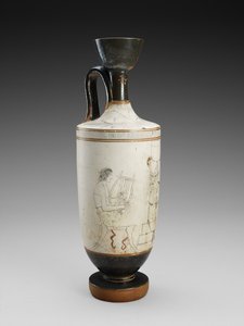 Ombro Lekythos com pintura policromada de fundo branco da cena funerária, 450-440 a.C. (terracota, estilo fundo branco) de Painter Houston
