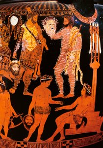 Krater de algarismos vermelhos com um ator segurando sua máscara, de Ruvo, c.410 BC (cerâmica) de Painter Pronomos