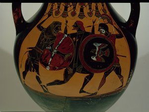 Ânfora ática de figuras negras decorada com uma cena de Heracles vestindo uma pele de leão lutando contra Cycnus, c.540 aC (cerâmica) de Painter of Berlin