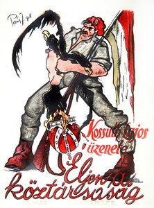 O revolucionário húngaro estrangula a águia austro-húngara de cabeça dupla e proclama a proclamação de Kossuth "Viva a República", cartaz da Comuna de Budapeste de Paizs Goebel Jeno