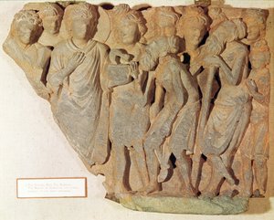 A vitória sobre a serpente, relevo representando Buda apresentando a temida serpente aos bramados, estilo greco-budista, século I-IV