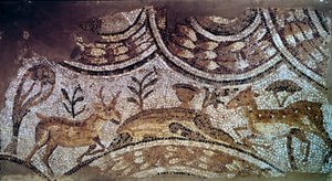 Arte paleocristã: fragmento de mosaicos de igrejas: veados e veados Água potável. século VI d.C. De Cartago, Bir Ftouh, Tunísia. Paris, Museu do Louvre de Paleo Christian