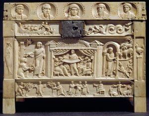 Arte Paleocreciana: Relíquia (lipsanoteca) decorativa de cenas do Antigo e do Novo Testamento em relevos inferiores. Século IV Do mosteiro de Santa Giulia, Itália. Brescia, museu cristão de Paleo Christian
