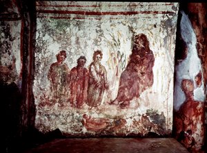 Arte Paleocristã (período da Roma antiga): Moisés salva das águas do Nilo pela filha do Faraó. Fresco da Catacumbas da Via Latina em Roma. Século IV. - Arte Cristã Primitiva. Moisés resgatado das águas. Fresco, século IV d.C. Catacumba de Paleo Christian
