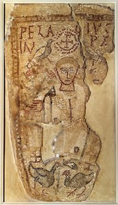 Antiquite paleocreta: "Representação do monge asceta Pelage (ou Pelágio) (350-420)". Mosaico funerário da Tunísia. Paris, Museu do Louvre de Paleo Christian Paleo Christian
