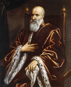 Retrato de um senador veneziano, sentado três quartos, vestindo uma capa de veludo vermelho, de Palma Il Giovane