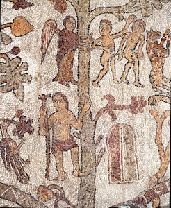 Adão e Eva caçam no Mosaico do Paraíso Terrestre de Pantaleone, sacerdote e mosaista. 1163-1166. Nave central da Catedral de Otranto de Pantaleon