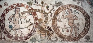 A tentação de Adão e Eva Mosaico de Pantaleone, sacerdote e mosaísta. 1163-1166. Nave central da Catedral de Otranto (Otranto), Itália. de Pantaleon Pantaleon