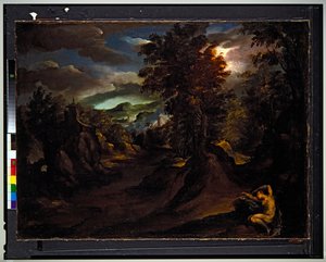 Uma paisagem montanhosa arborizada com Antiope a dormir de Paolo (1540-96) Fiammingo