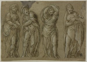 Quatro figuras femininas drapeadas em pé de Paolo Farinati