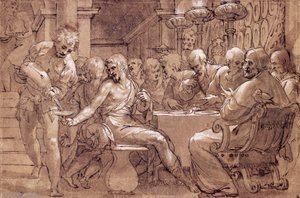 A ceia de São Gregório, desenho de Paolo Farinati (1524-1606), aguarela castanha-acinzentada, caneta, chumbo branco, e lápis preto, Itália