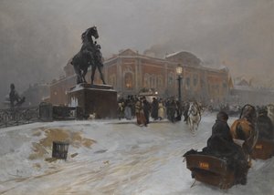 A ponte Anichkov na Nevsky Prospekt ao entardecer