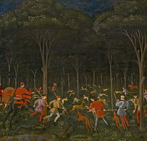 A caça na floresta, c.1465-70 óleo no detalhe do painel de 100861