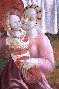 As Vidas da Virgem e Santo Estêvão, detalhe que mostra mãe e filho, da Cappella dell "Assunta de Paolo Uccello