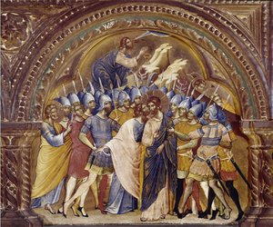 A tomada de Cristo, detalhe do políptico de Santa Chiara. (óleo sobre madeira, cerca de 1350) de Paolo Veneziano