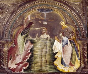 O batismo de Jesus, detalhe do políptico de Santa Chiara. (óleo sobre madeira, cerca de 1350)
