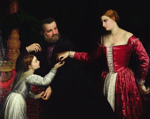 Uma senhora e um cavalheiro com a filha (óleo sobre tela) de Paris Bordone