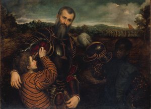 Retrato de um homem de armadura com duas páginas de Paris Bordone