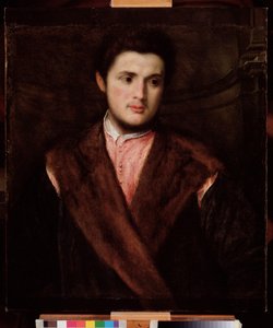 Retrato de um jovem usando um casaco de pele Pintura de Paris Bordon (1500-1571) Século XVI Dim 75x64 cm Genes Musei di Strada Nuova (ex Palazzo Rosso) de Paris Bordone