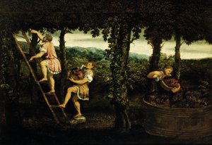 Cena de vindima (óleo sobre tela) de Paris Bordone