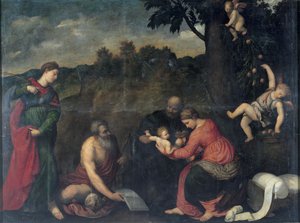 A Sagrada Família com os Santos Jerônimo, Catarina de Alexandria e Anjos (óleo sobre tela) de Paris Bordone