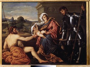 "Madonna e Criança, São João Batista e São Jorge" (Madonna e Criança, São João Batista e São Jorge) Pintura de Paris Bordon ou Bordone (1500-1571) por volta de 1530 Pouchkine Museum, Moscou de Paris Bordone