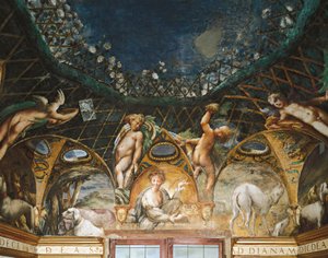 Ceres participa de eventos rodeada de cães de caça e querubins, de Mito de Diana e Actaeon de Parmigianino