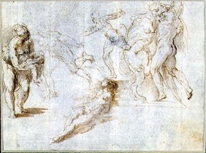 Estudos de figuras: Mulher segurando um bebê; Homem perseguido por outro; Mulher nua deitada no chão; Hércules e o Leão Nemean (tinta marrom e lavagem em papel) de Parmigianino