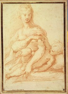 A Virgem a brincar com a Criança no colo (giz vermelho sobre papel branco) de Parmigianino