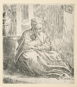Mulher sentada no chão, conhecida como Saint Thais (Etching) de Parmigianino