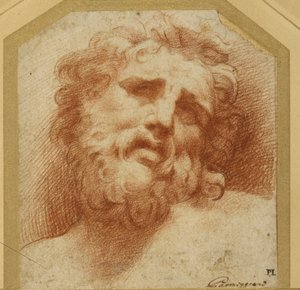 Uma cabeça barbudo, olhando para cima (possivelmente Laocoon) (giz vermelho sobre papel branco) de Parmigianino
