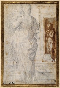 Vista traseira de uma mulher carregando uma criança; um homem encostado no seu bastão espera em uma porta (giz preto com caneta e tinta marrom e bown wash em papel branco) de Parmigianino