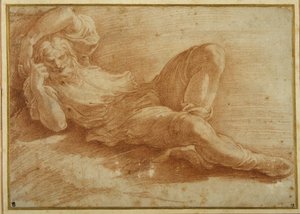 Figura barbada, a dormir (giz vermelho sobre papel branco) de Parmigianino