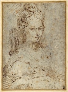 Meio comprimento de uma mulher sentada (caneta e tinta sobre papel) de Parmigianino