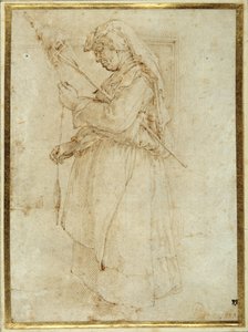 Mulher idosa com um distaff, de pé diante de uma lareira (caneta e tinta marrom sobre papel branco) de Parmigianino